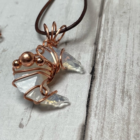 Genuine Opalite Crescent Moon Copper Wrap Leather Cord Boho Style - Picture 11 of 17